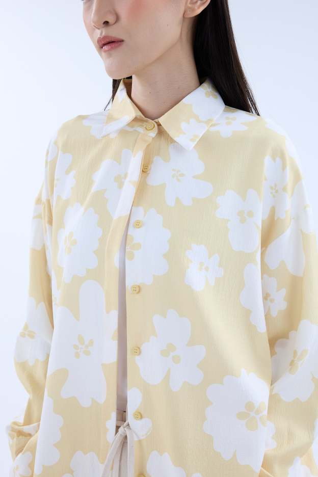 Fiora Butter Yellow Printed Oversized Shirt