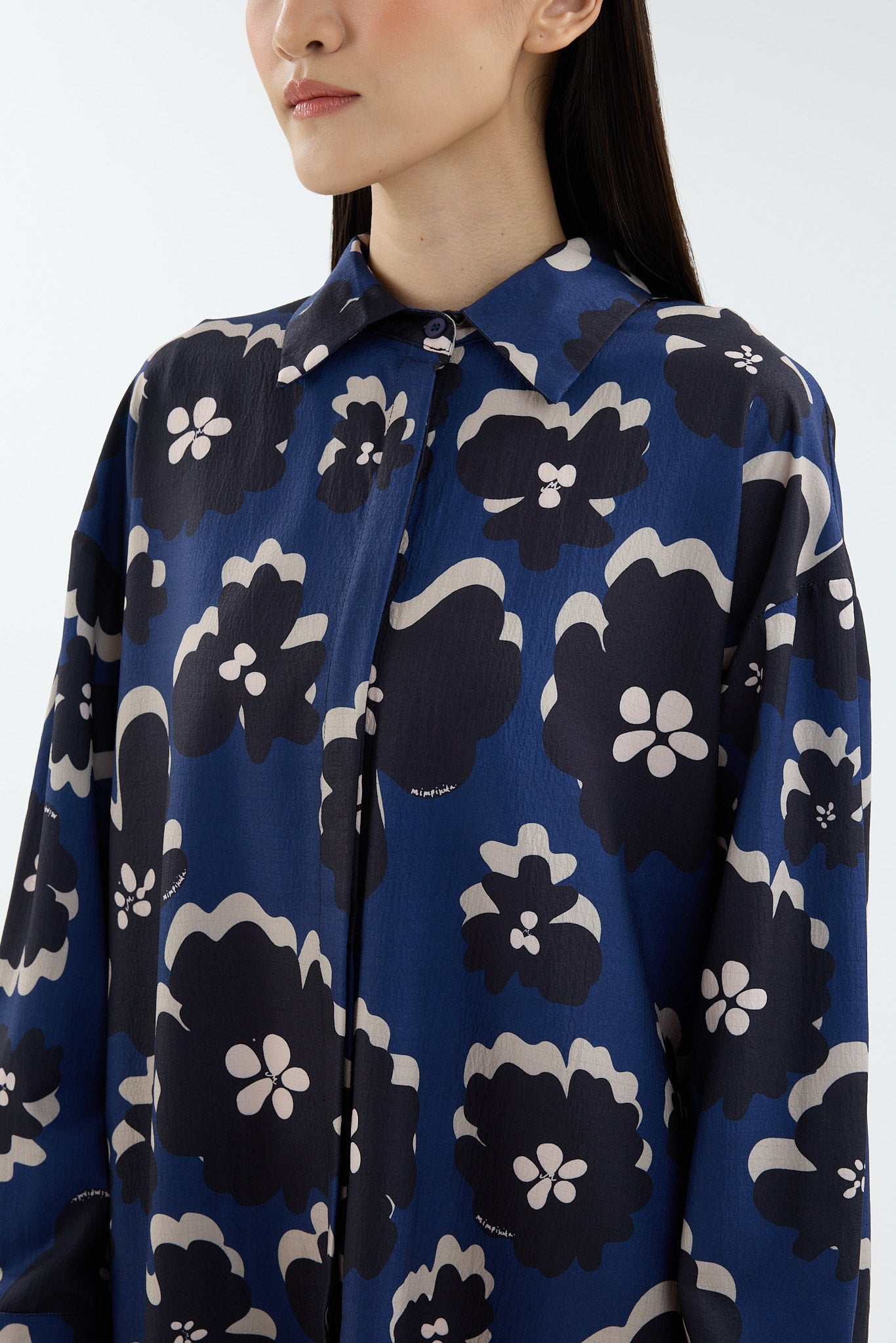 Fiora Navy Blue Printed Oversized Shirt