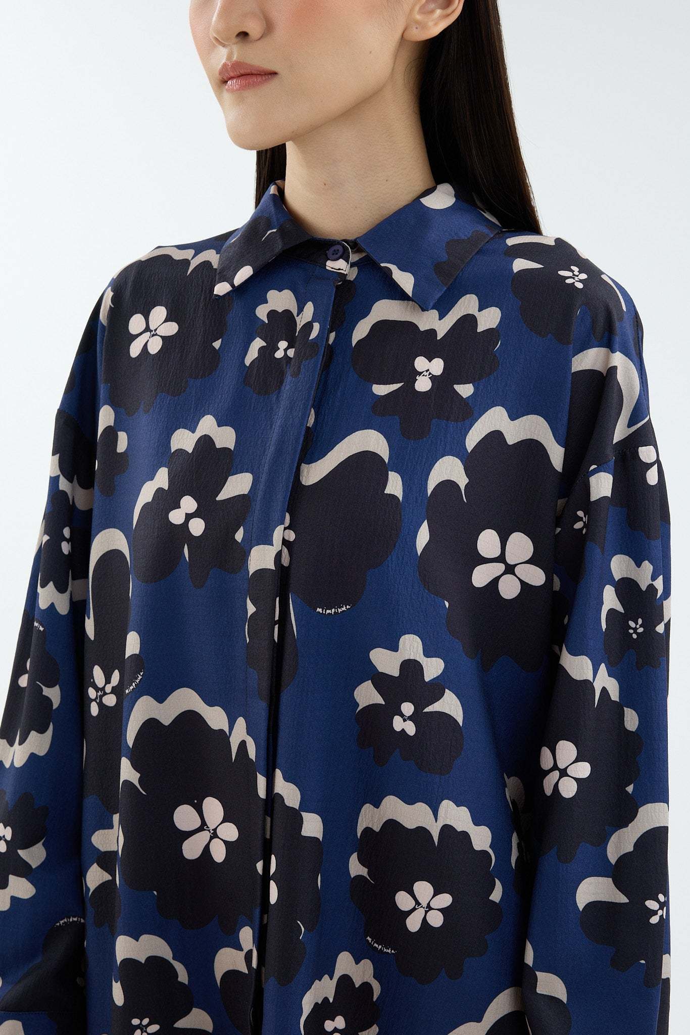 Fiora Navy Blue Printed Oversized Shirt