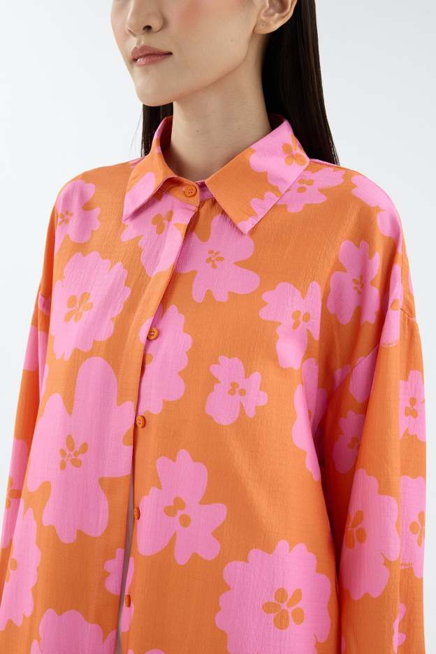 Fiora Orange Printed Oversized Shirt