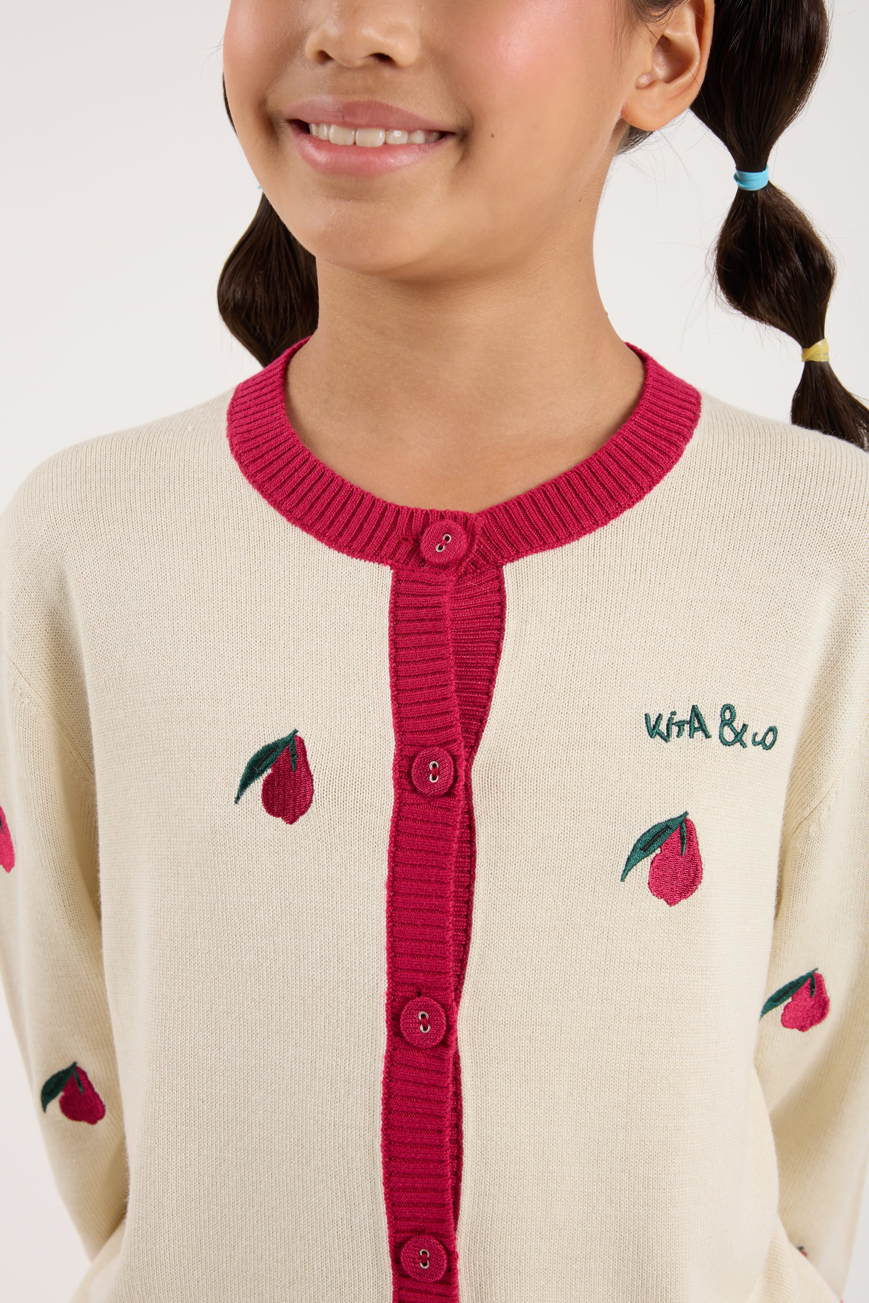 Cream White-Maroon Mini Crew Neck Knitted Cardigan - Girls