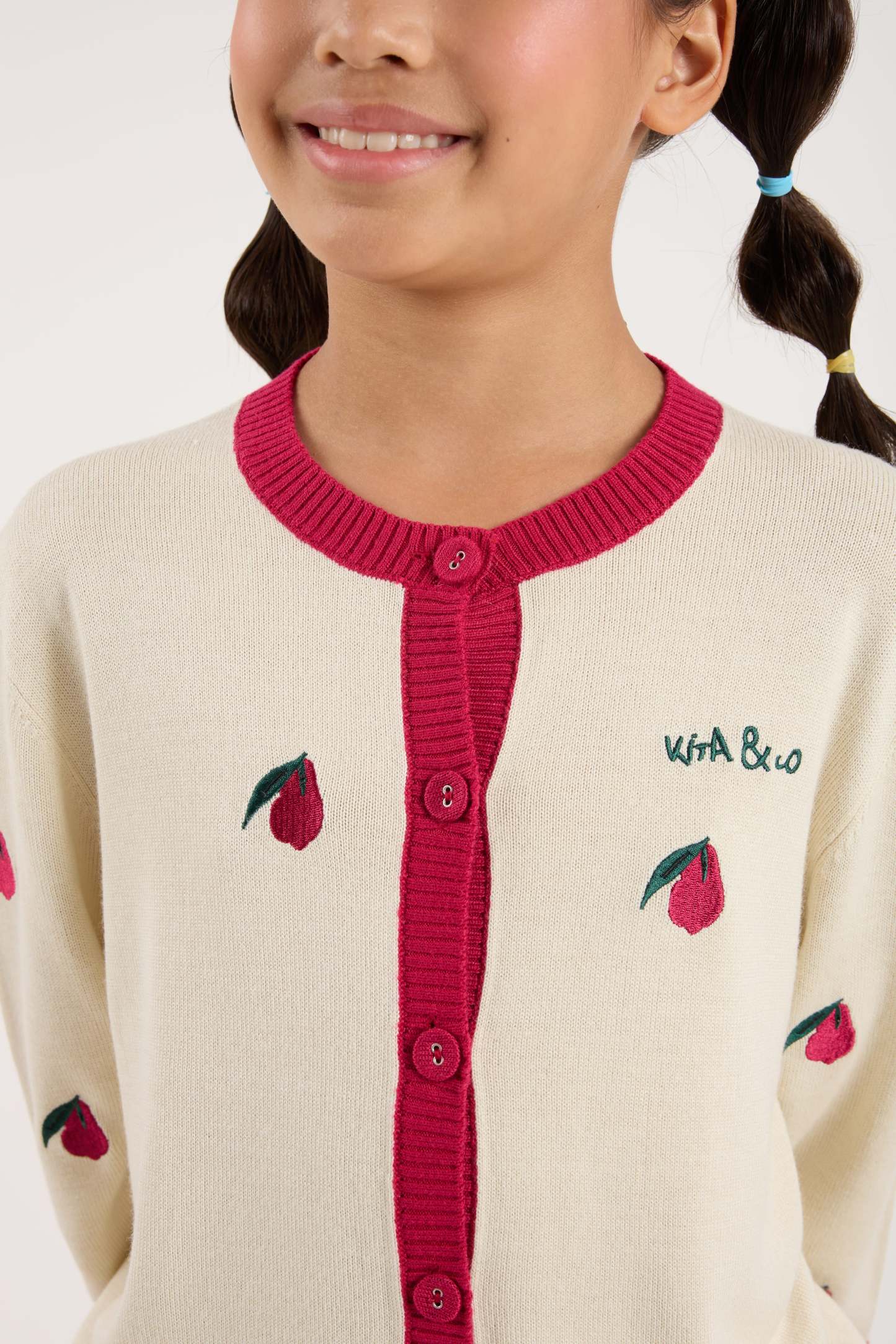 Cream White-Maroon Mini Crew Neck Knitted Cardigan - Girls