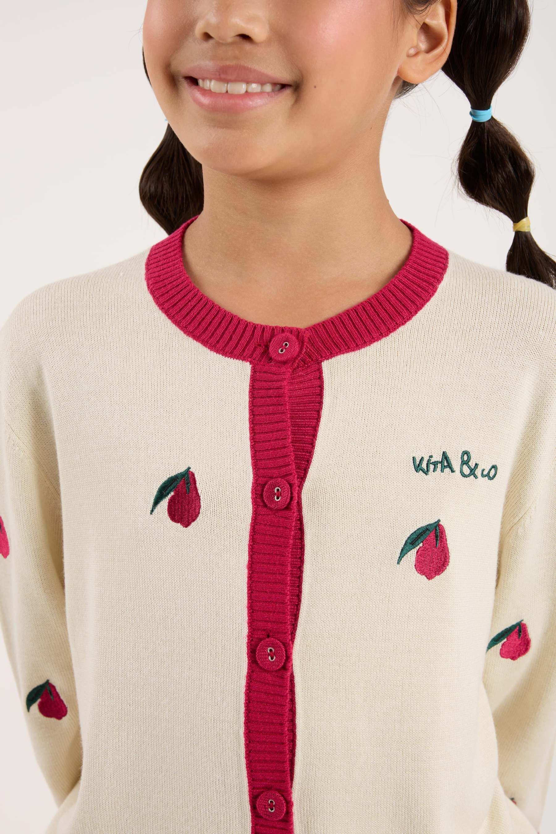 Cream White-Maroon Mini Crew Neck Knitted Cardigan - Girls