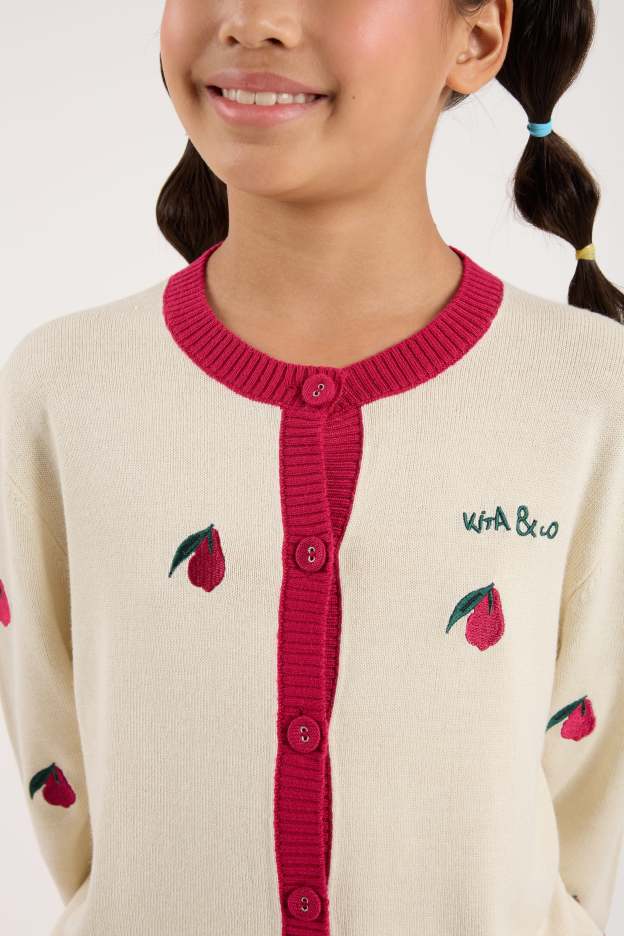 Cream White-Maroon Mini Crew Neck Knitted Cardigan - Girls