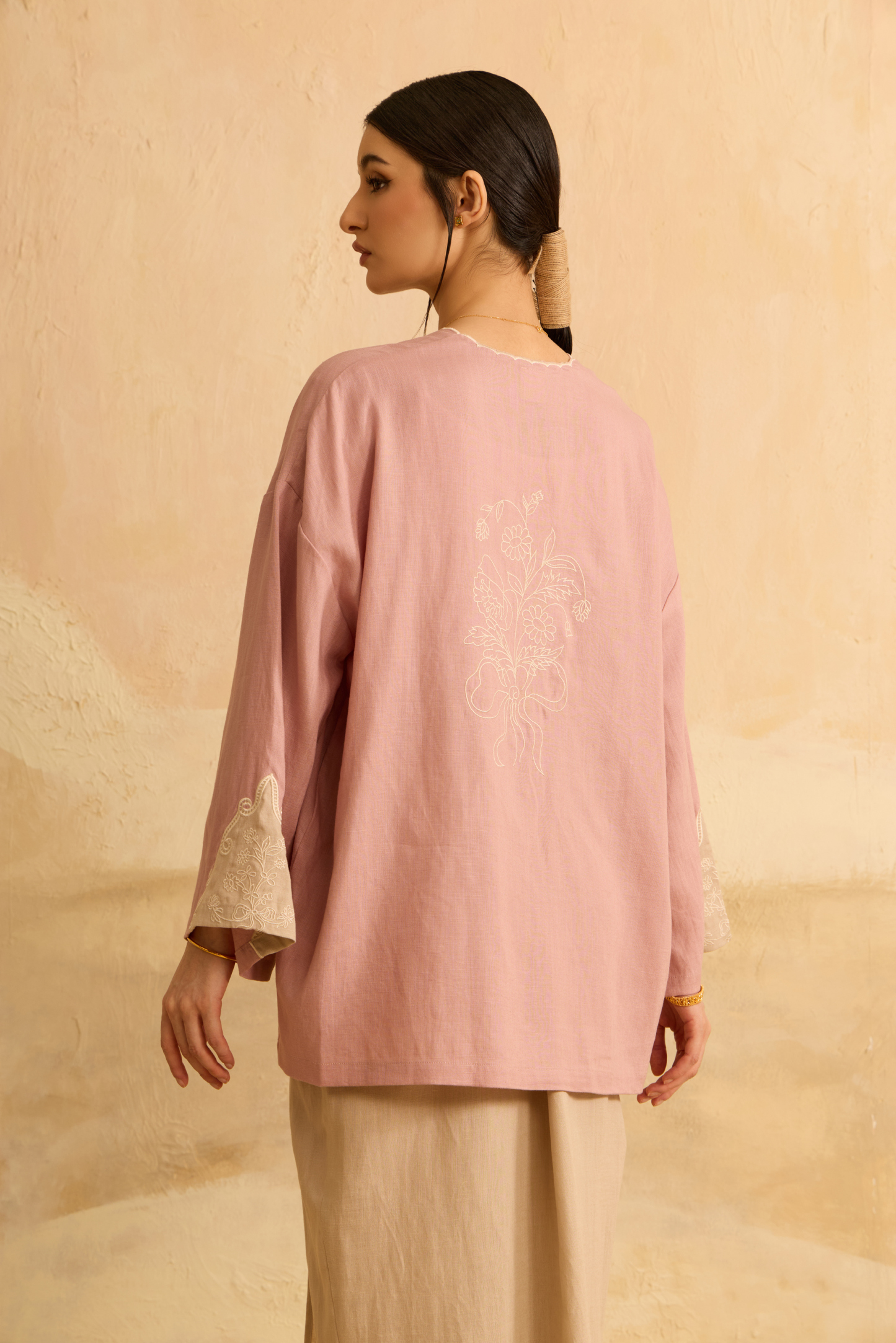 Naima Soft Pink Embroidered Kedah Modern Kurung