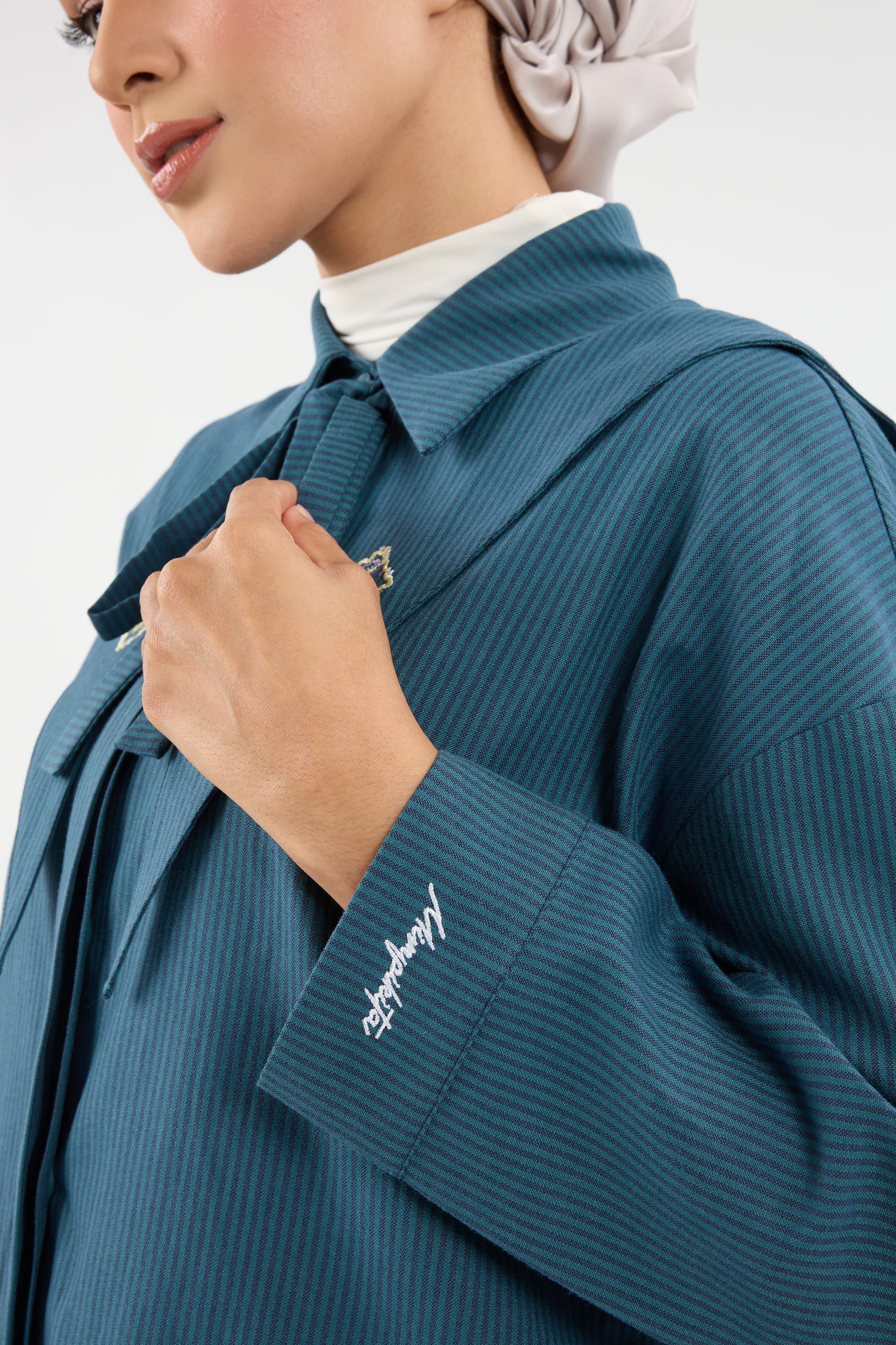 Harmoni Teal Blue Striped Linen Shirt