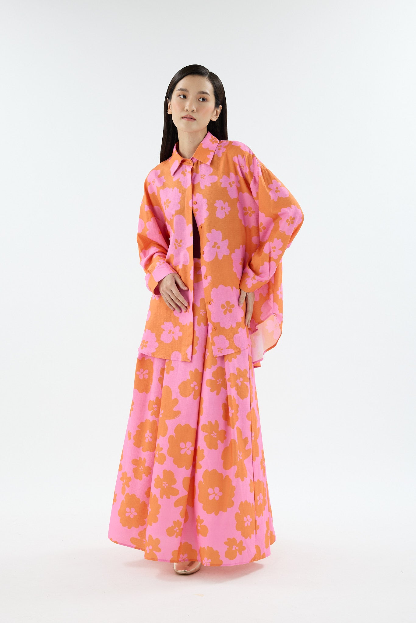 Fiora Orange Printed Oversized Shirt