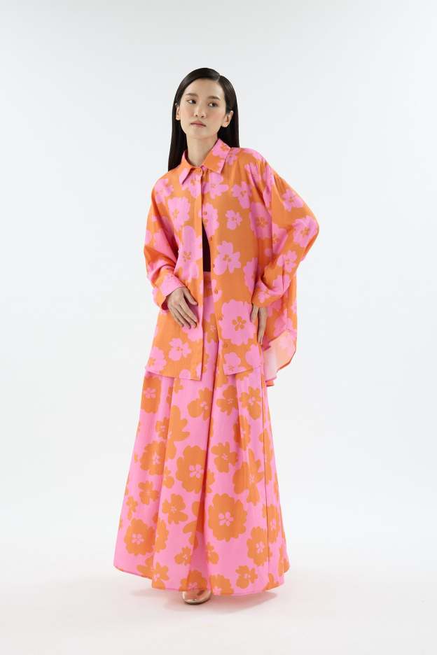Fiora Orange Printed Oversized Shirt