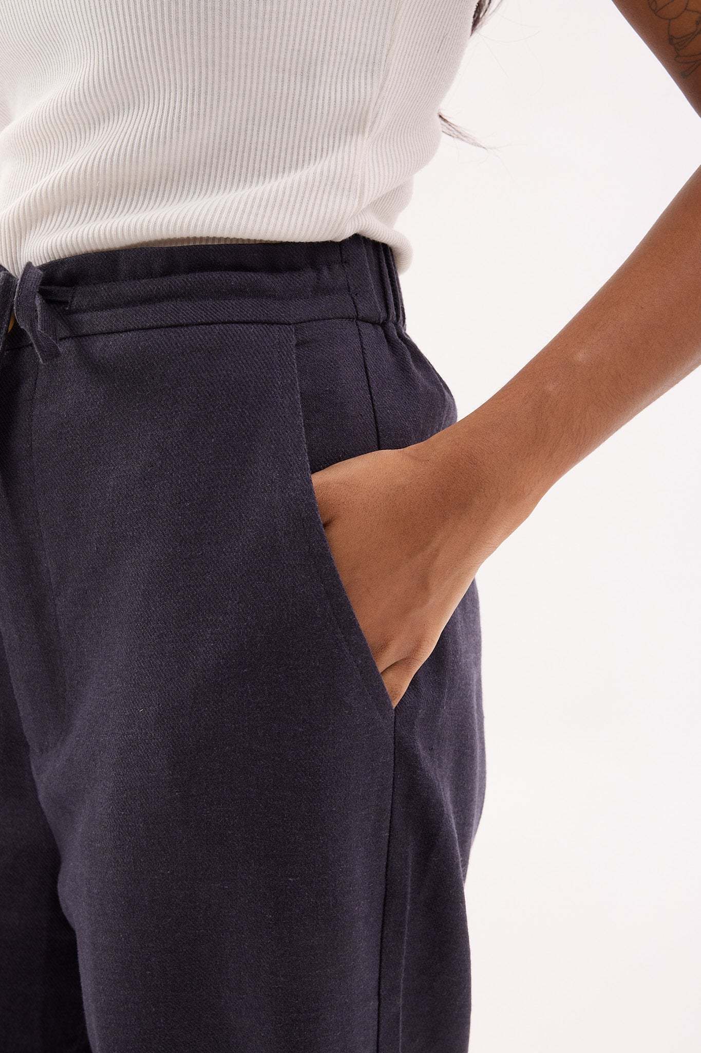 Dark Navy Blue Linen Wide Leg Pants - Women's