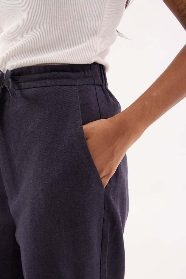 Dark Navy Blue Linen Wide Leg Pants - Women's