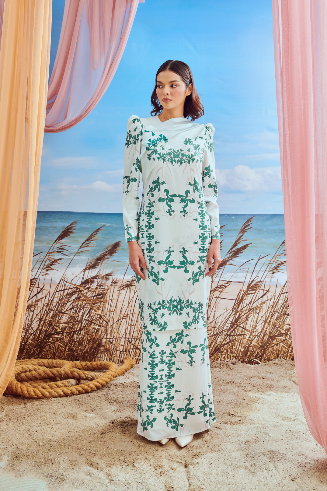 Orissa White Green Long Kurung