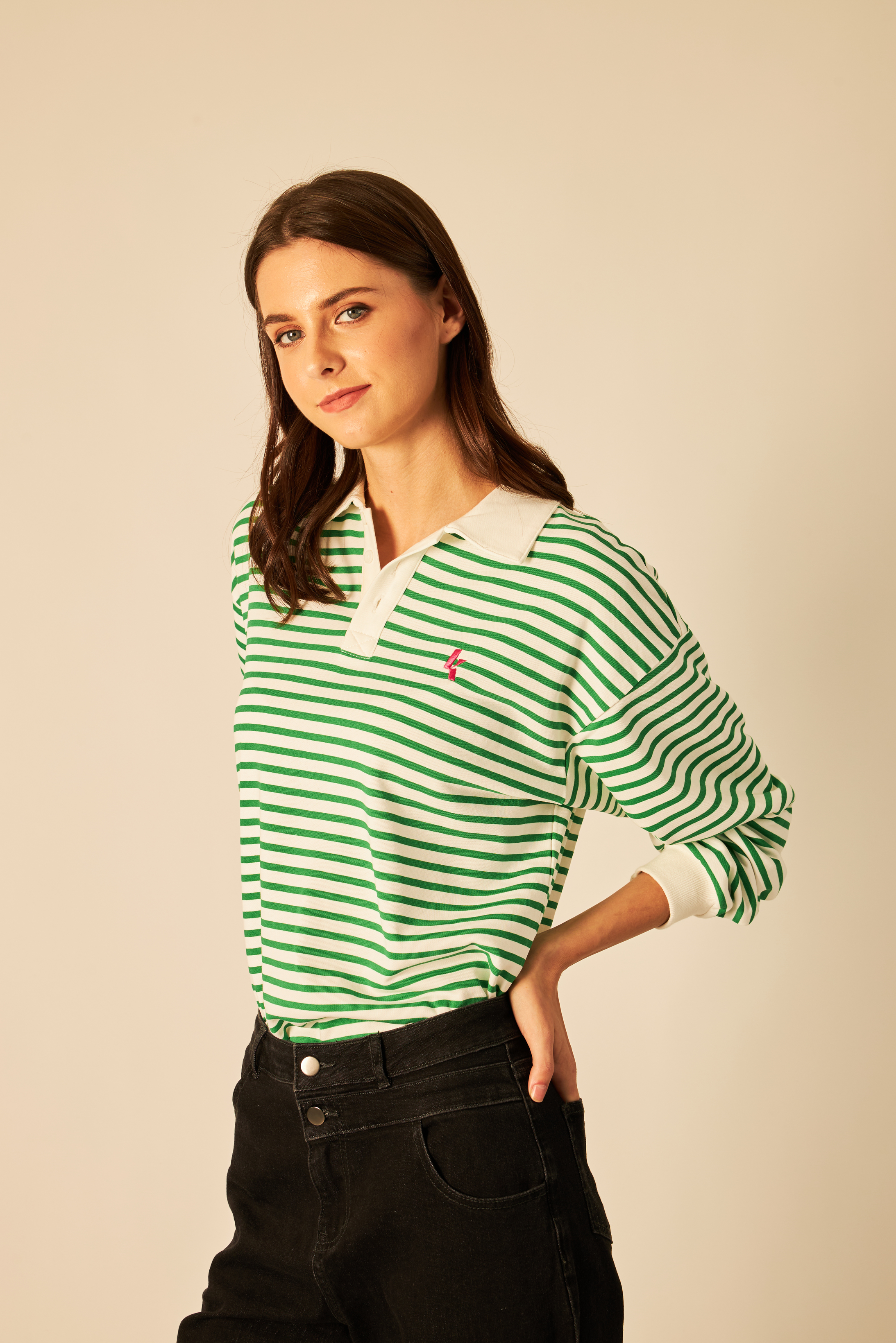 Green Collared Striped Top - Women's