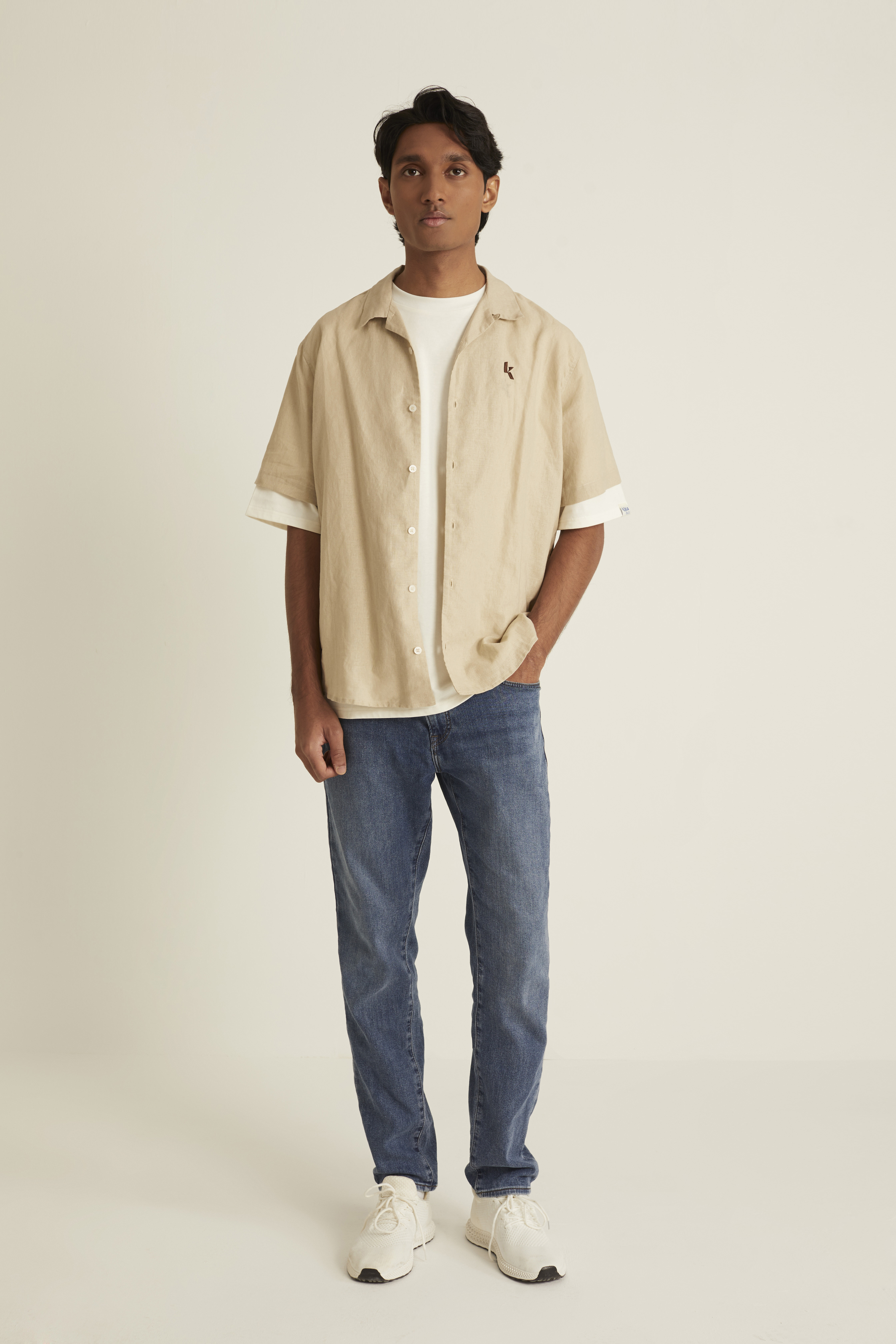 Beige Men's Short Sleeve Linen Shirt
