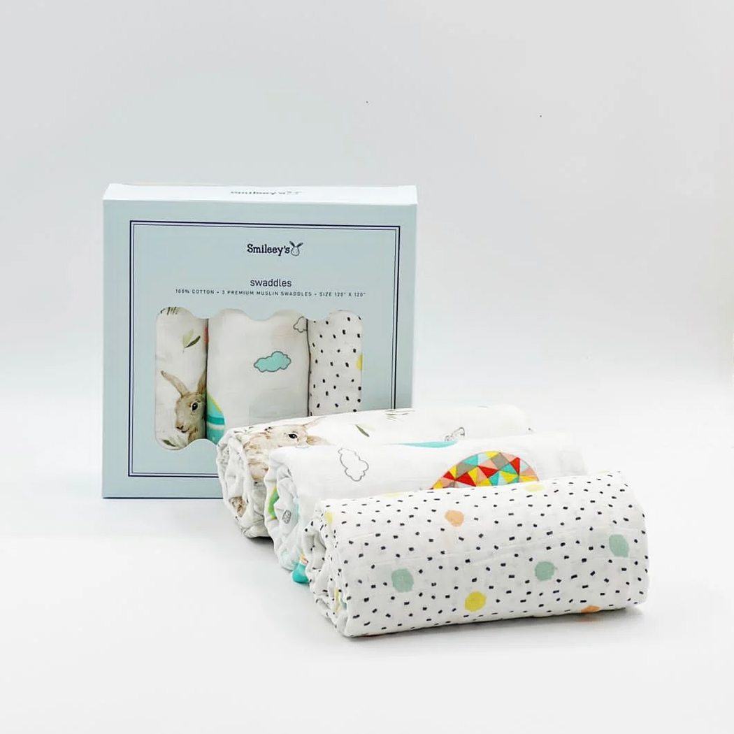 Smileey's 3pcs Premium Muslin Swaddles Assorted Design