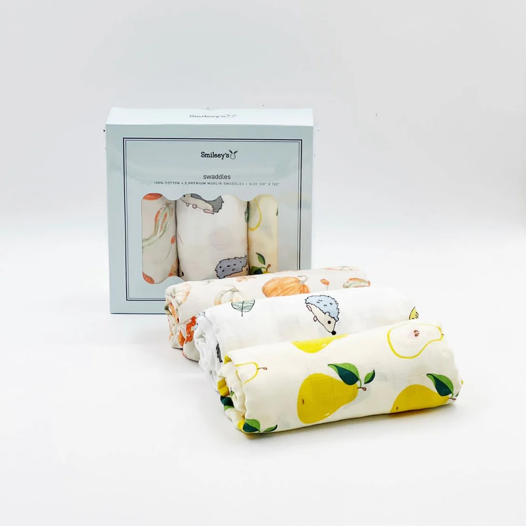 Smileey's 3pcs Premium Muslin Swaddles Assorted Design