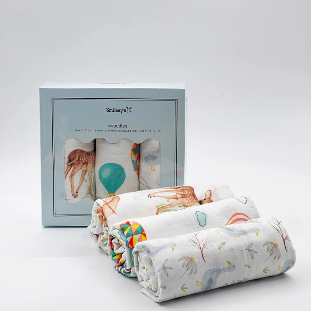Smileey's 3pcs Premium Muslin Swaddles Assorted Design