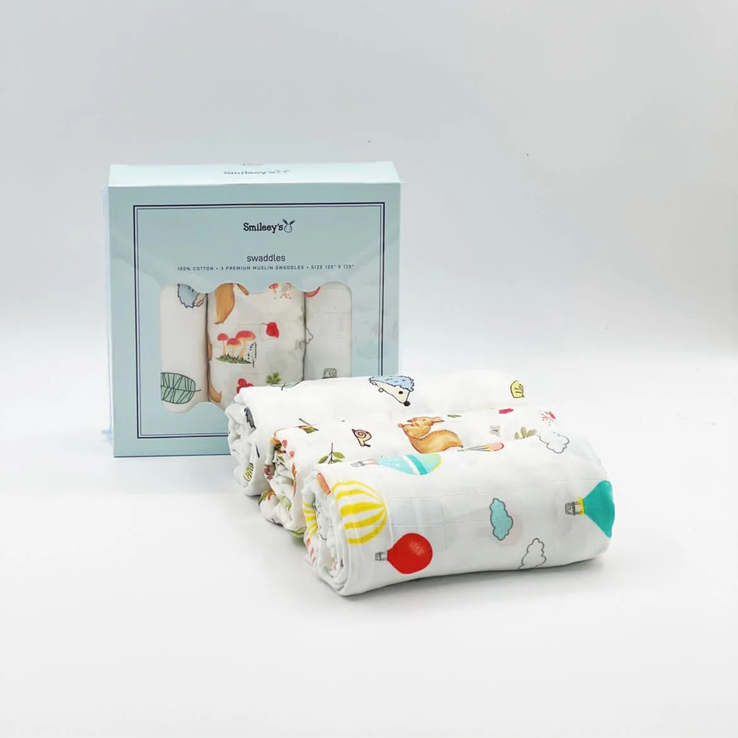 Smileey's 3pcs Premium Muslin Swaddles Assorted Design