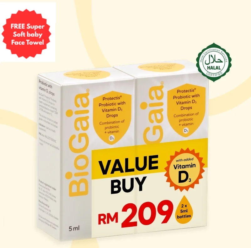 BioGaia Probiotic Drops With Vitamin D3 15ml x 2 (FOC Baby Face Towel)