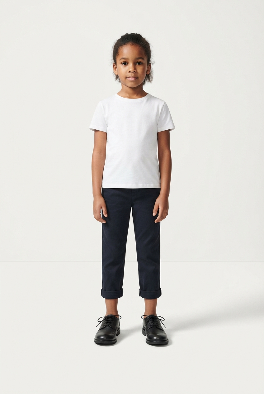 Minimalist boy black Oxford shoes full view on seamless background