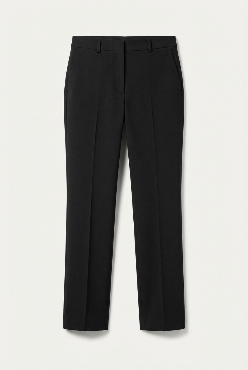 Minimalist women black straight-leg pants full view on seamless background