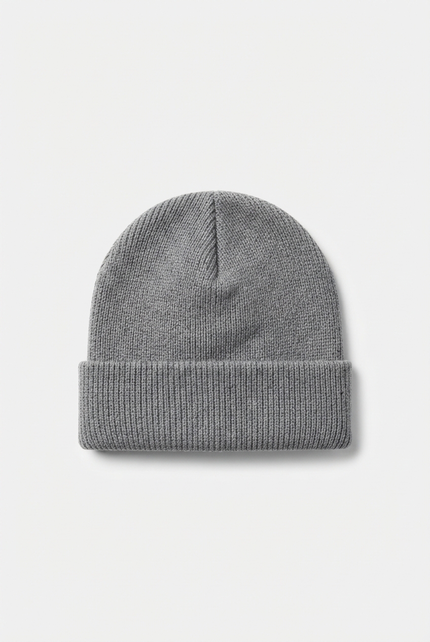 Minimalist boy gray knit beanie full view on seamless background