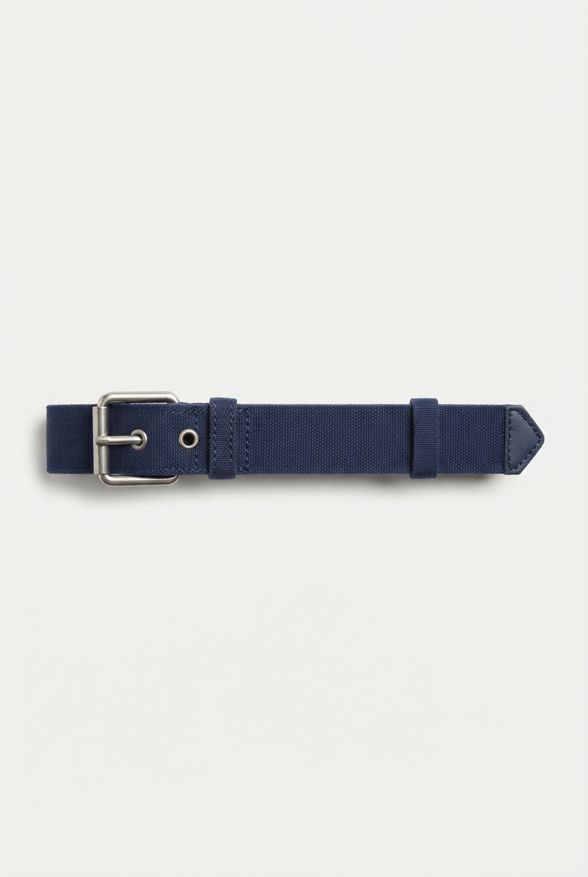 Minimalist boy navy canvas belt full view on seamless background