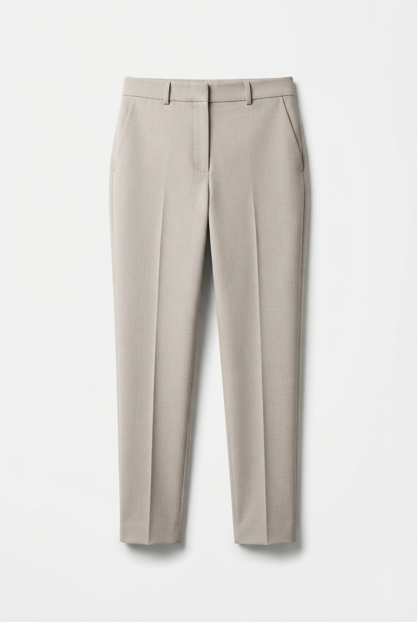 Minimalist women beige tapered pants full view on seamless background