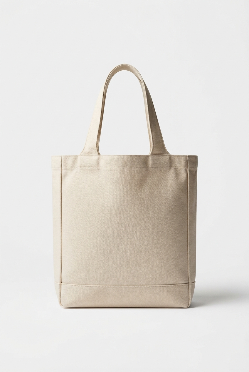 Minimalist beige canvas tote bag full view on seamless background