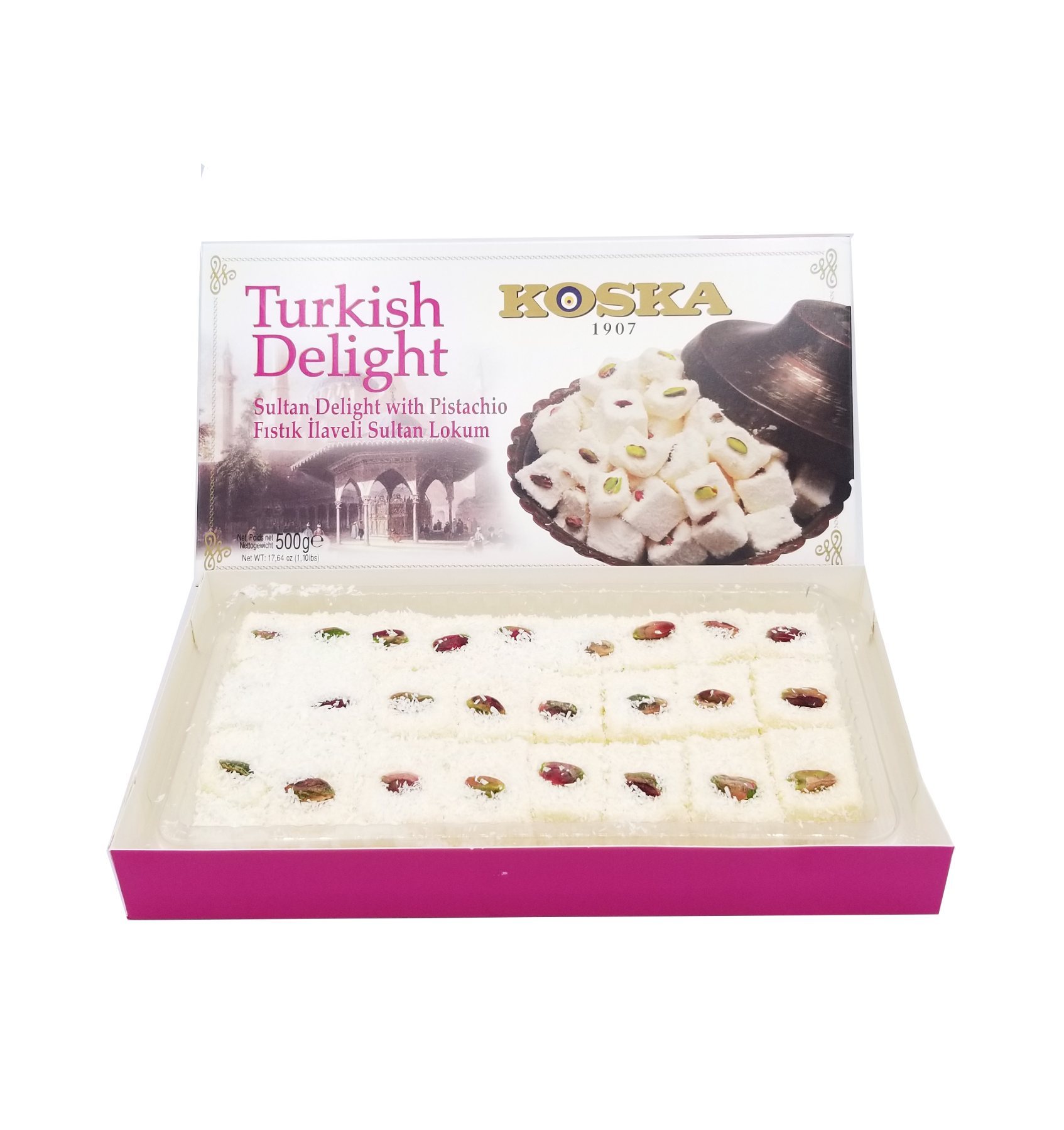 KOSKA TURKISH DELIGHT (Lokum) SULTAN WITH PISTACHIO - Giftable Snacks [500g x 12] - Imported From Turkey