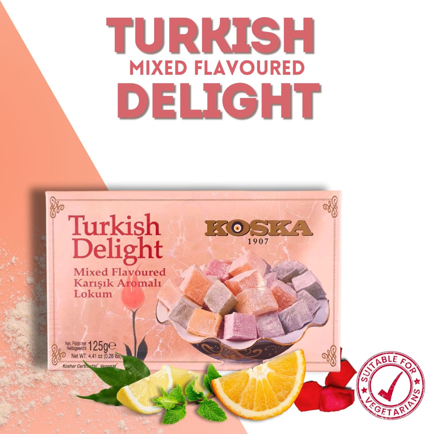 KOSKA TURKISH DELIGHT (Lokum) MIXED Flavoured - Giftable Snacks [ 125g x 24 ] - Imported From Turkey