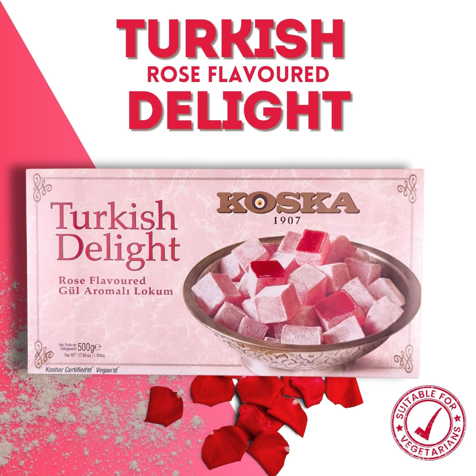 KOSKA TURKISH DELIGHT ( Lokum ) Rose Flavoured [ 500g x 12 ] | Giftable Snacks - Imported From Turkey
