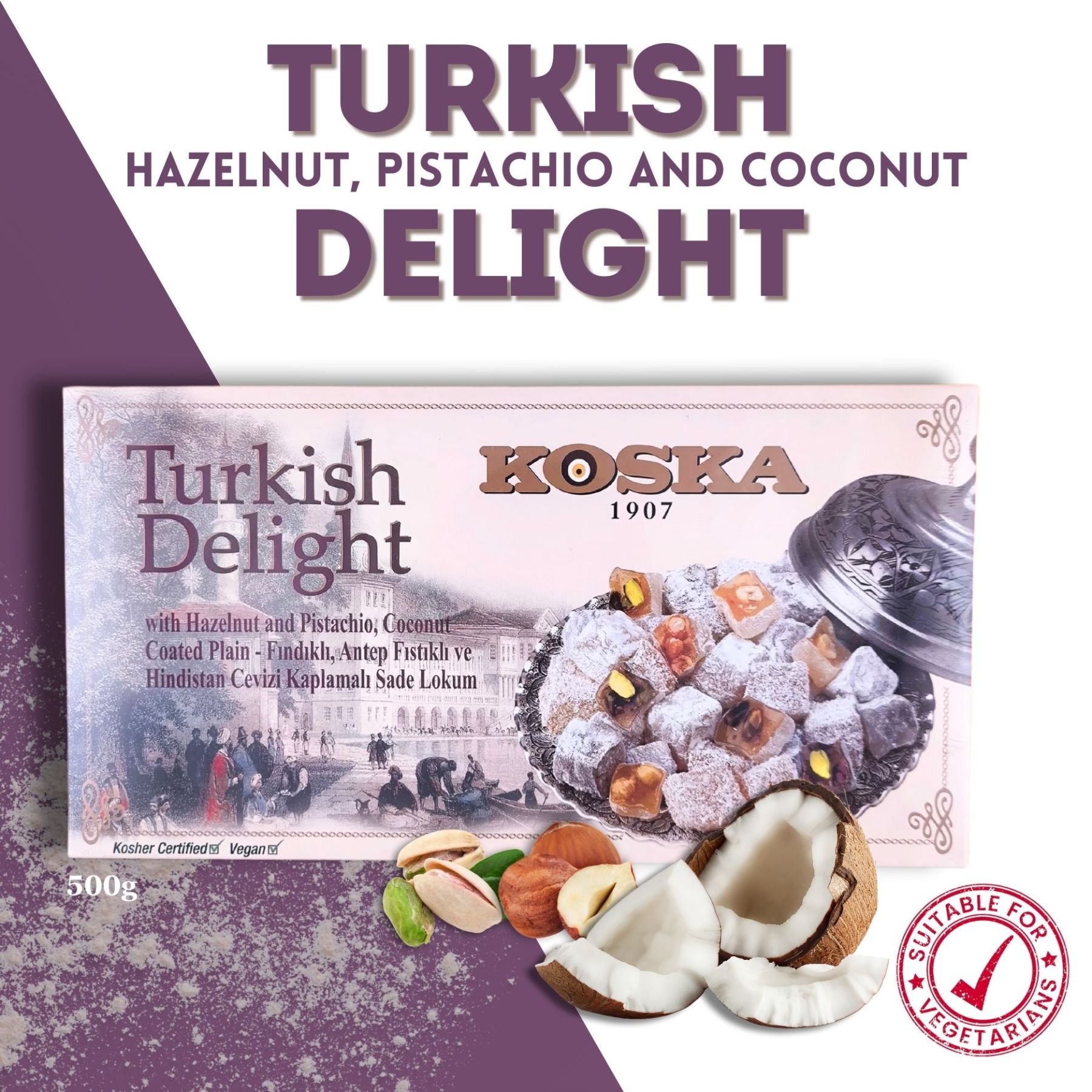 KOSKA TURKISH DELIGHT Mixed (Lokum) (HAZELNUT,  PISTACHIO AND COCONUT) Giftable Snacks [ 500g x 12 ] From Turkey