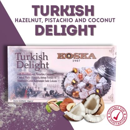 KOSKA TURKISH DELIGHT Mixed (Lokum) (HAZELNUT,  PISTACHIO AND COCONUT) Giftable Snacks [ 500g x 12 ] From Turkey