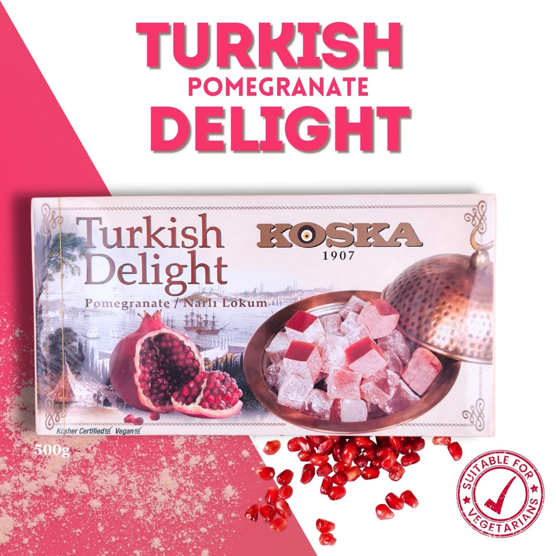 KOSKA TURKISH DELIGHT ( Lokum ) WITH Pomegranate [ 500g x 12 ] | Giftable Snacks - Imported From Turkey