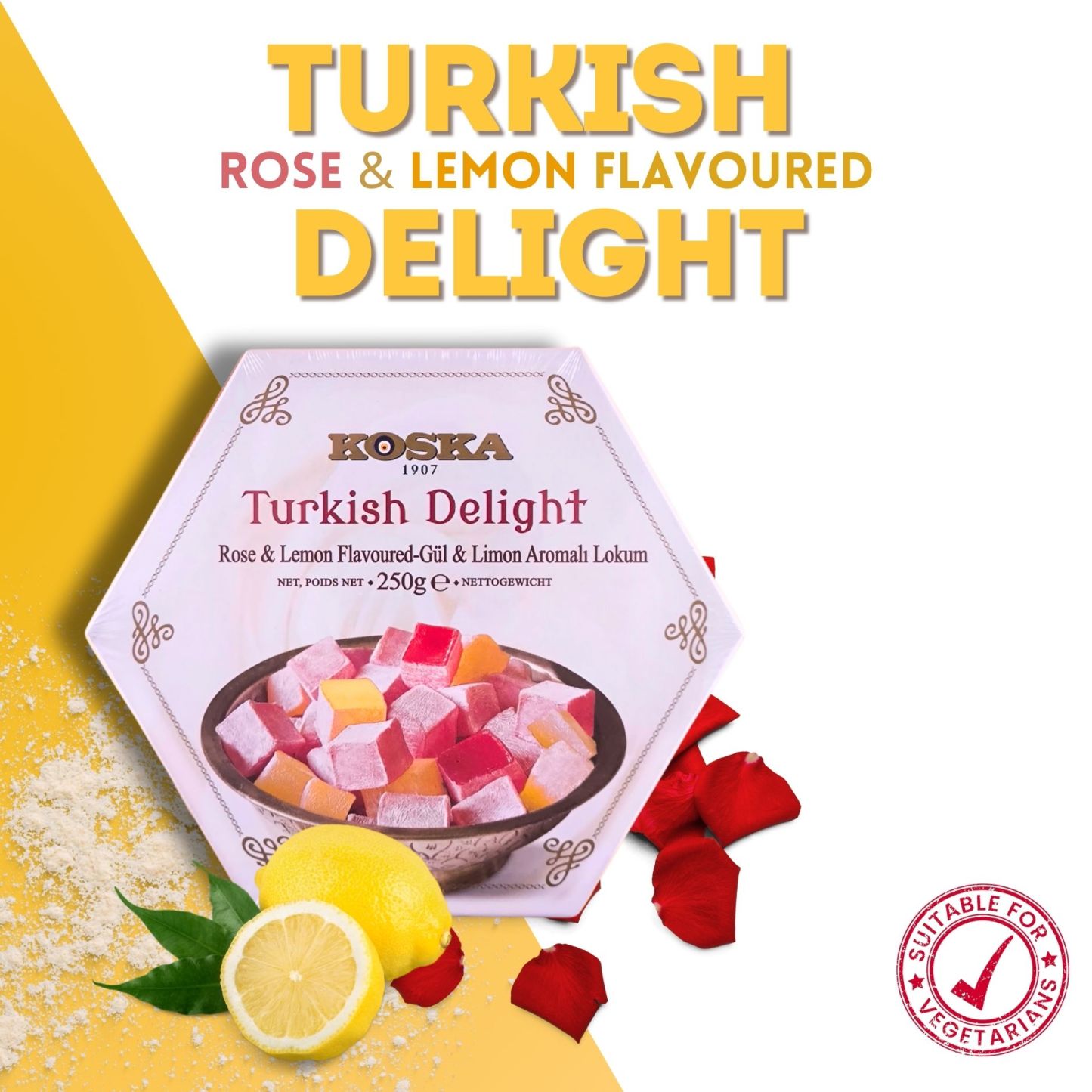KOSKA TURKISH DELIGHT CLASSIC (Lokum)Rose & Lemon Flavoured[ 250g ] | Giftable Snacks - Imported From Turkey
