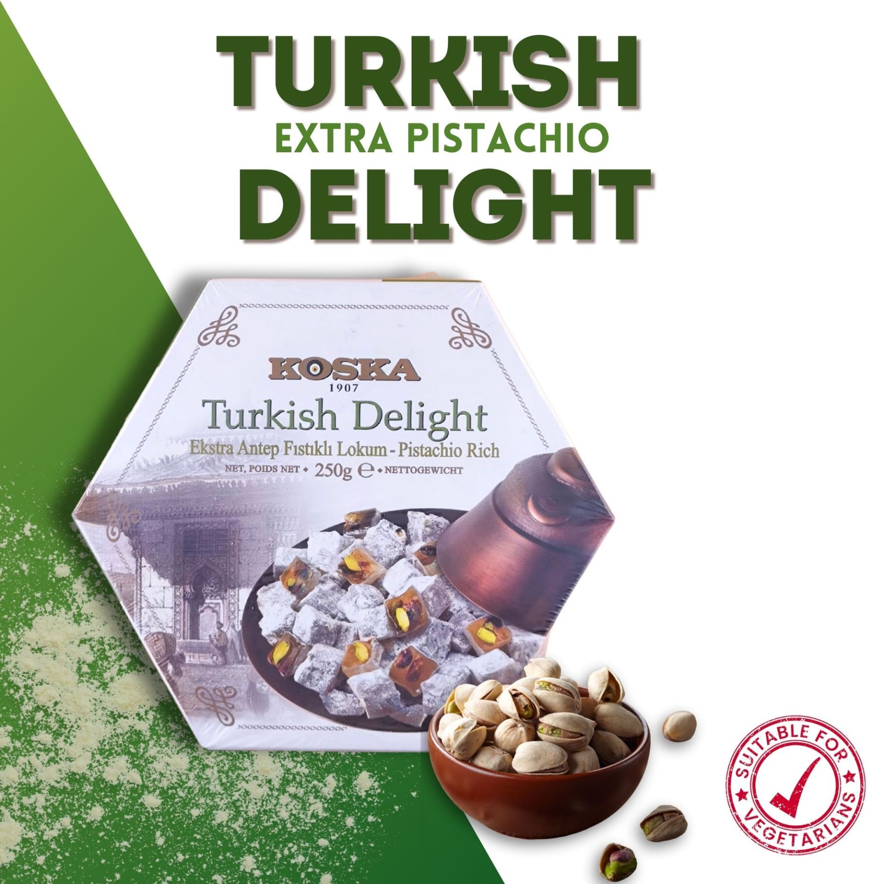 KOSKA TURKISH DELIGHT (Lokum) WITH Extra PISTACHIO - Giftable Snacks [ 250g x 12] - Imported From Turkey