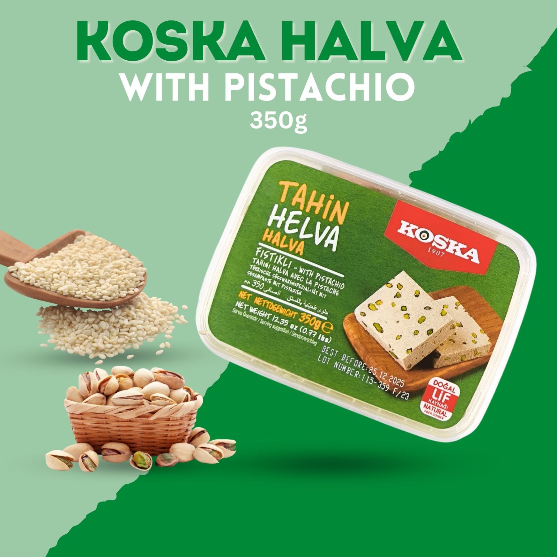 KOSKA TAHINI HALVA WITH PISTACHIO [ 350g  x 12 ] Sesame Paste-With Vanilla Flavour - Imported From Turkey