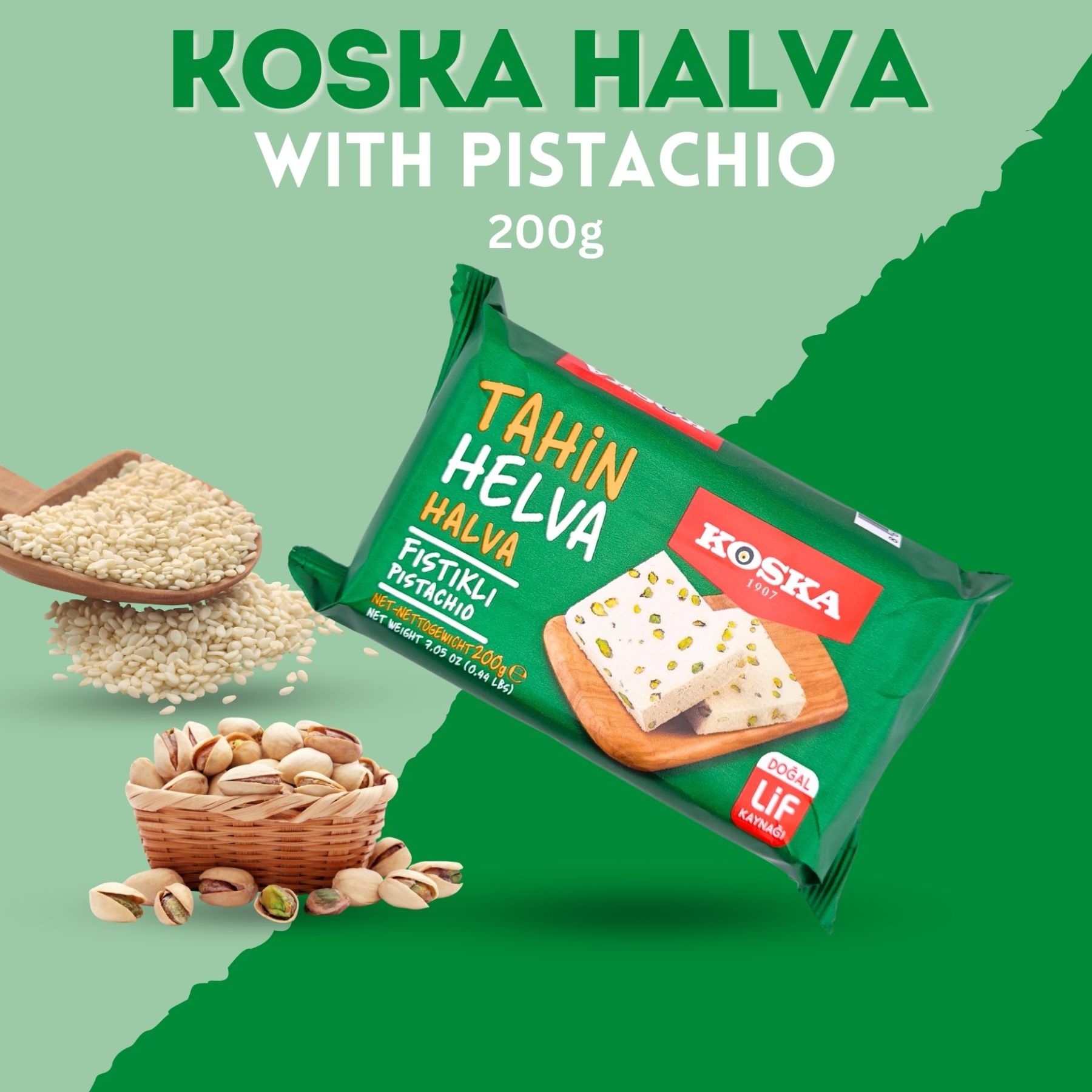 KOSKA TAHINI HALVA WITH PISTACHIO [ 200g x12 ] Sesame Paste-With Vanilla Flavour - Imported From Turkey