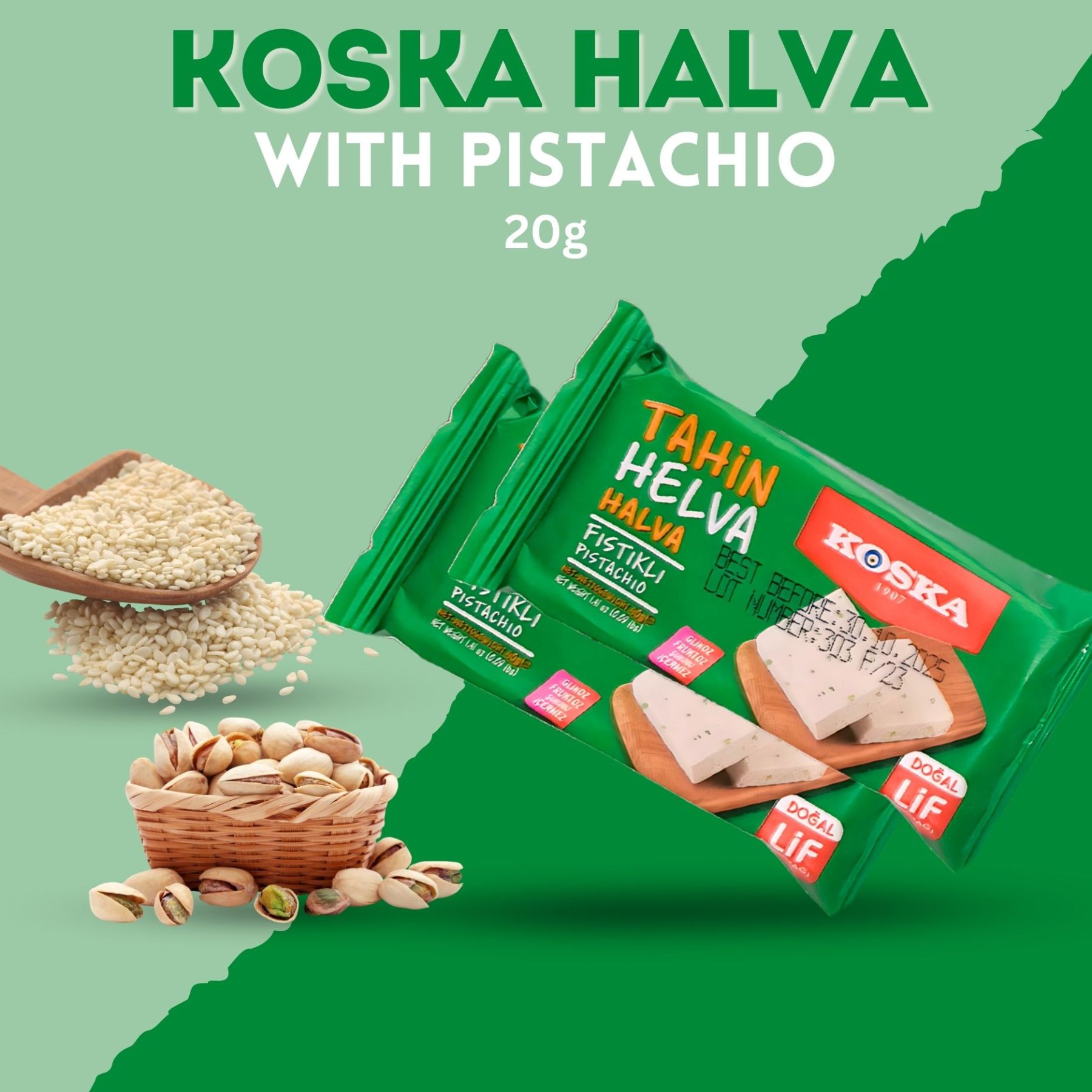 KOSKA TAHINI HALVA WITH PISTACHIO [ 40g x 48 ] Sesame Paste-With Vanilla Flavour - Imported From Turkey