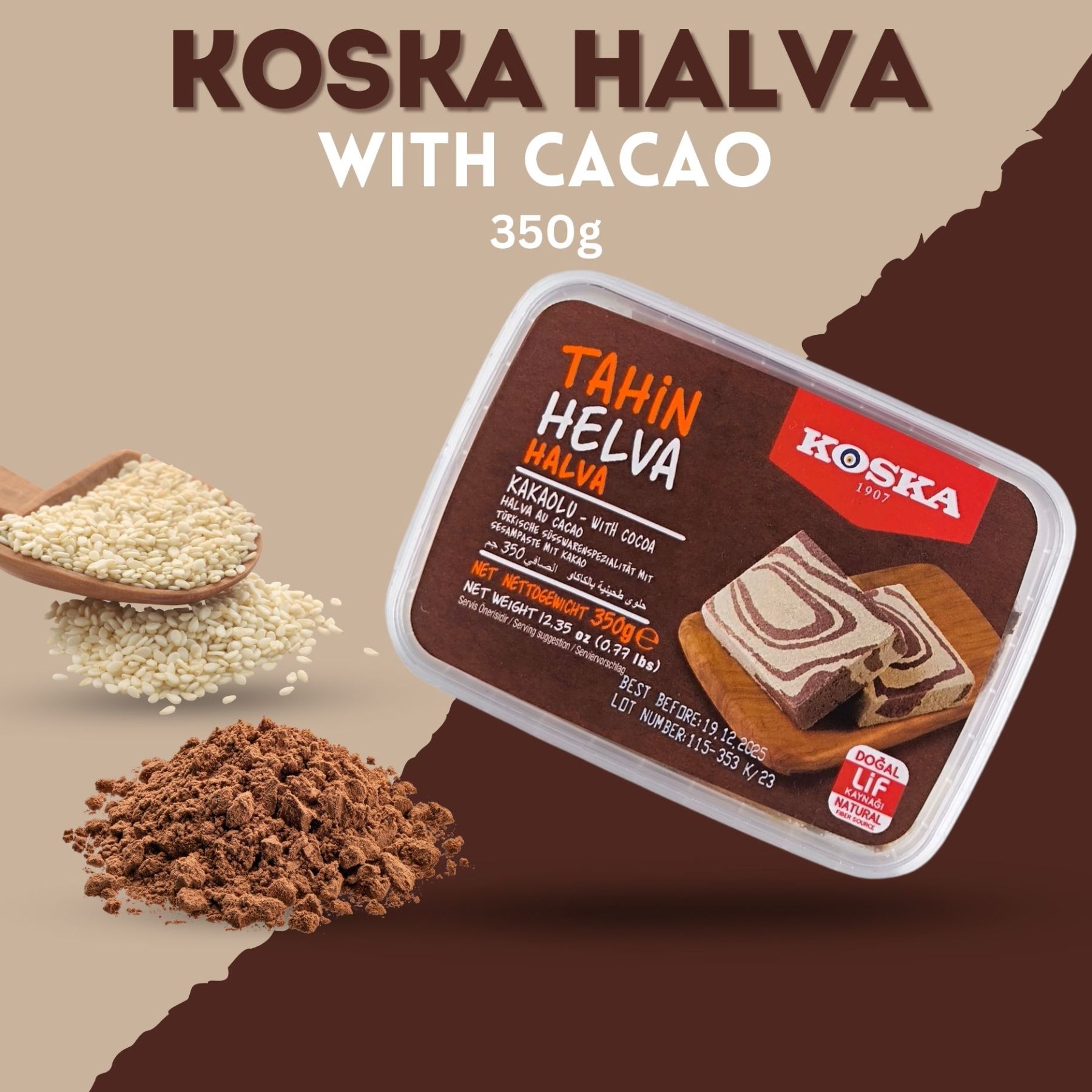 KOSKA TAHINI HALVA WITH CACAO [ 350g x 12 ] Sesame Paste-With Vanilla Flavour - Imported From Turkey
