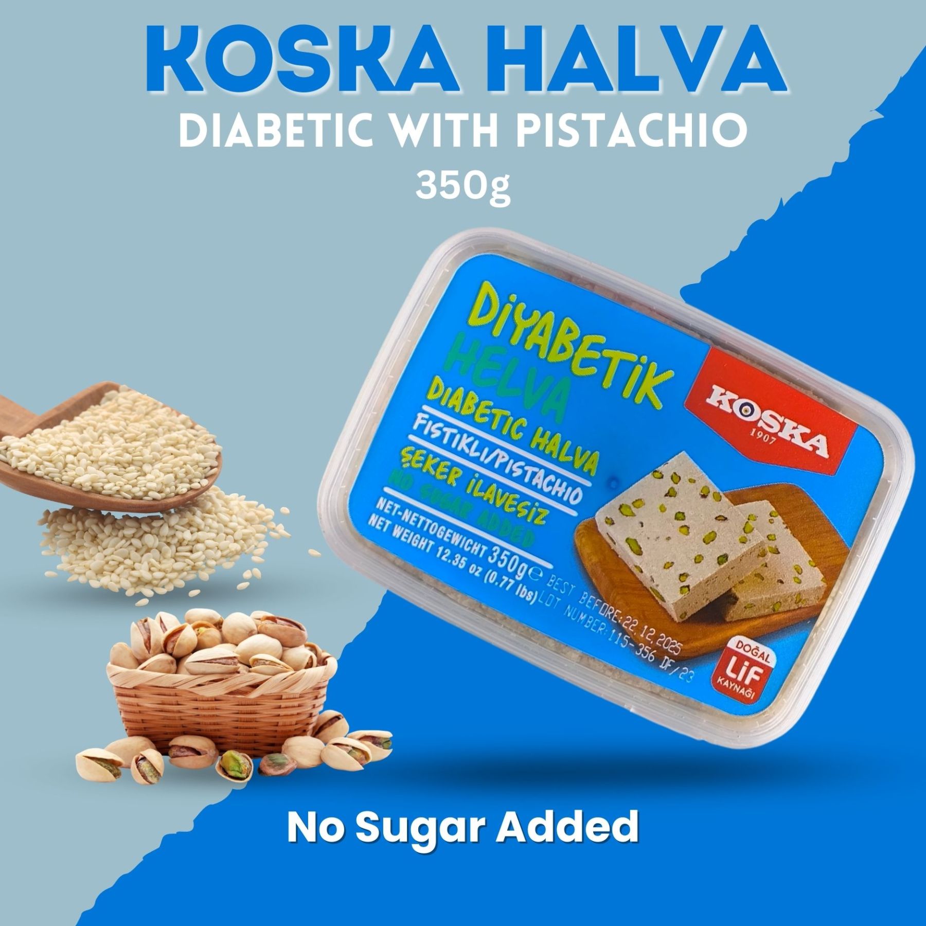 KOSKA TAHINI HALVA DIABETIC WITH PISTACHIO WITHOUT SUGAR [350g x 12] Sesame Paste - Imported From Turkey