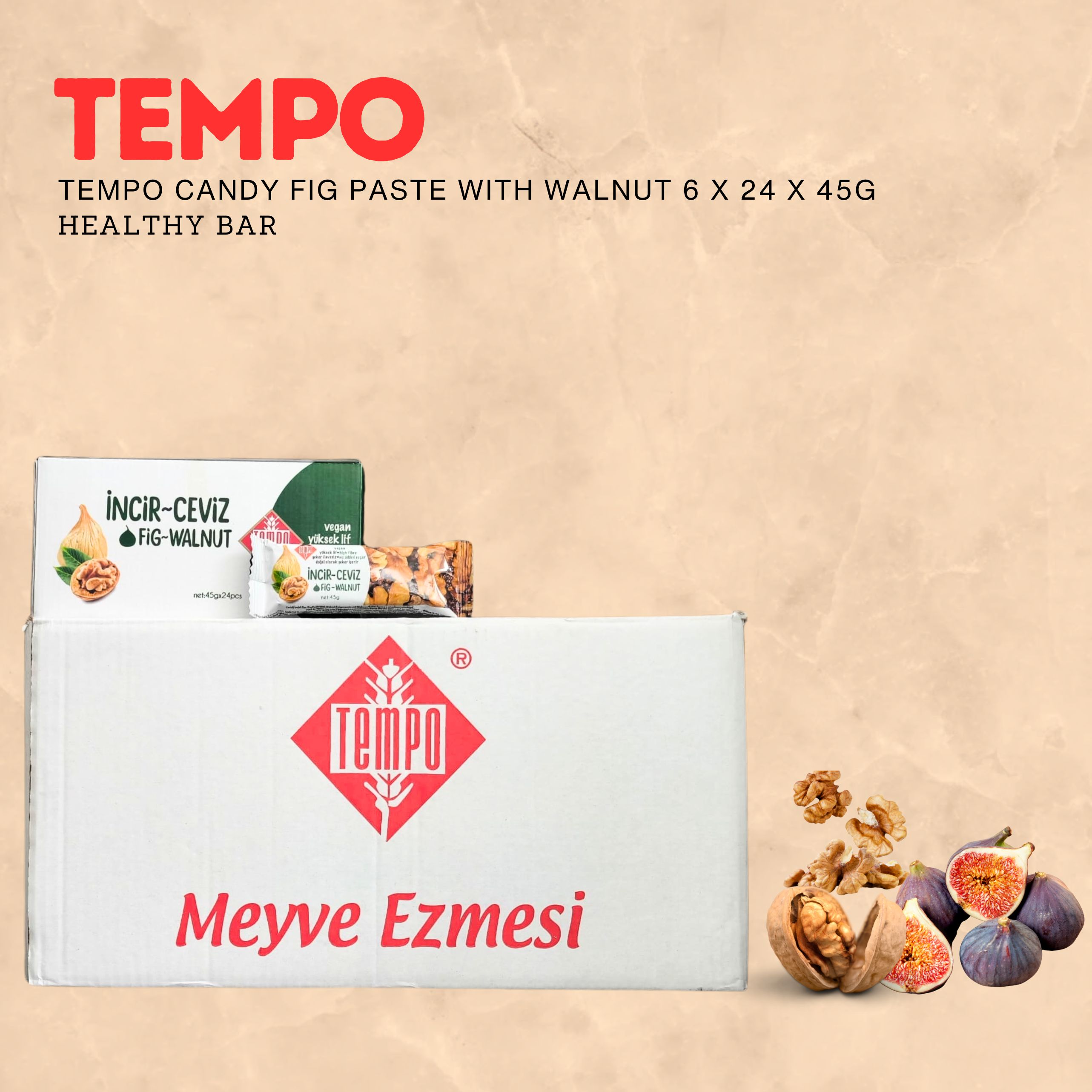 TEMPO CANDY Fig Paste With Walnut 45g- Healthy bar - Gluten free import from Turkey
