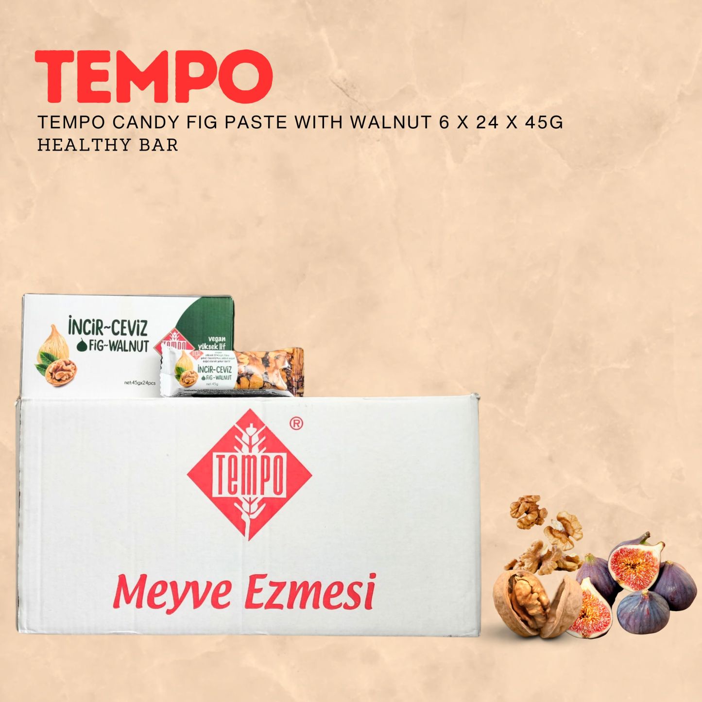 TEMPO CANDY Fig Paste With Walnut 45g- Healthy bar - Gluten free import from Turkey