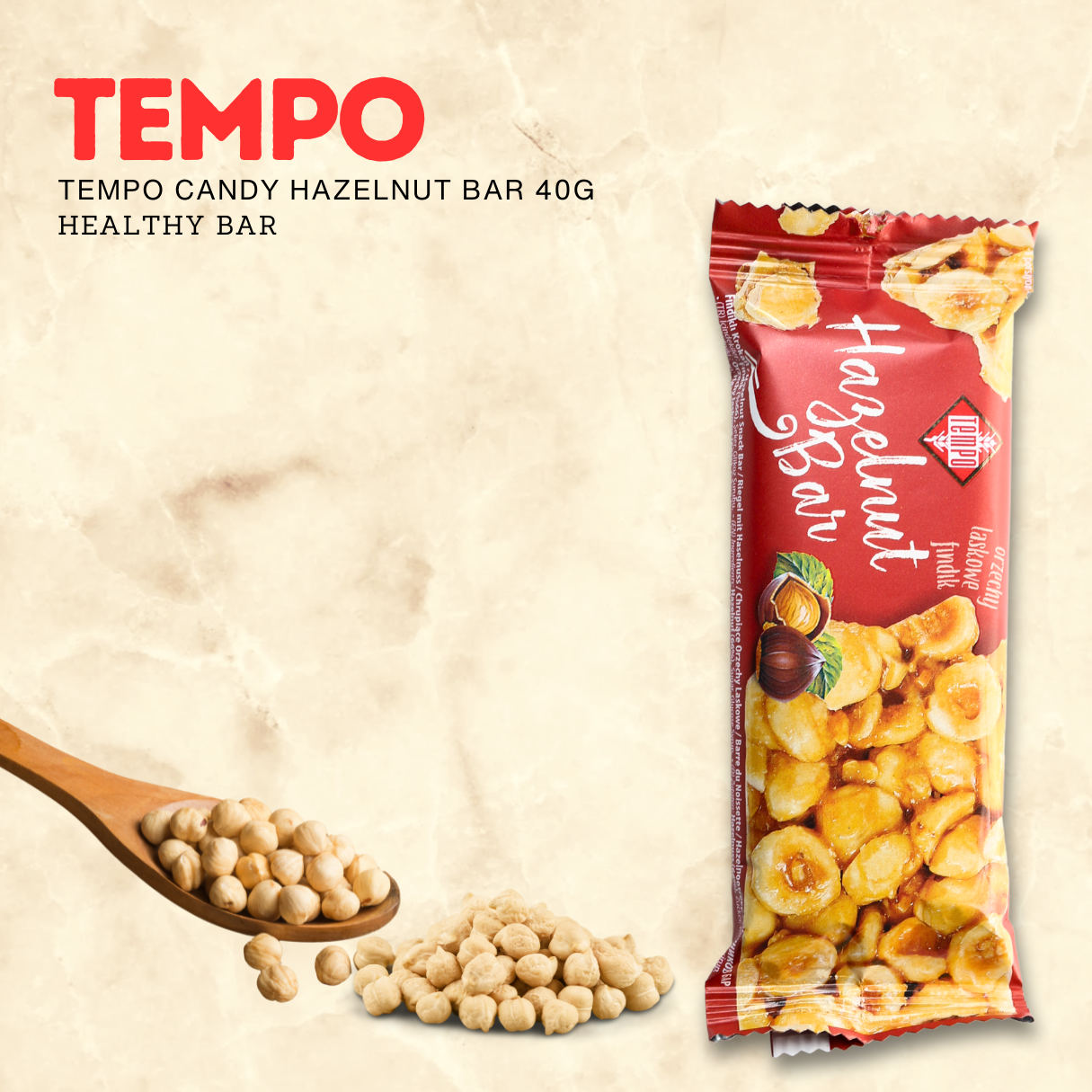 TEMPO CANDY Hazelnut Snack Bar 40g - Healthy bar - Gluten free import from Turkey