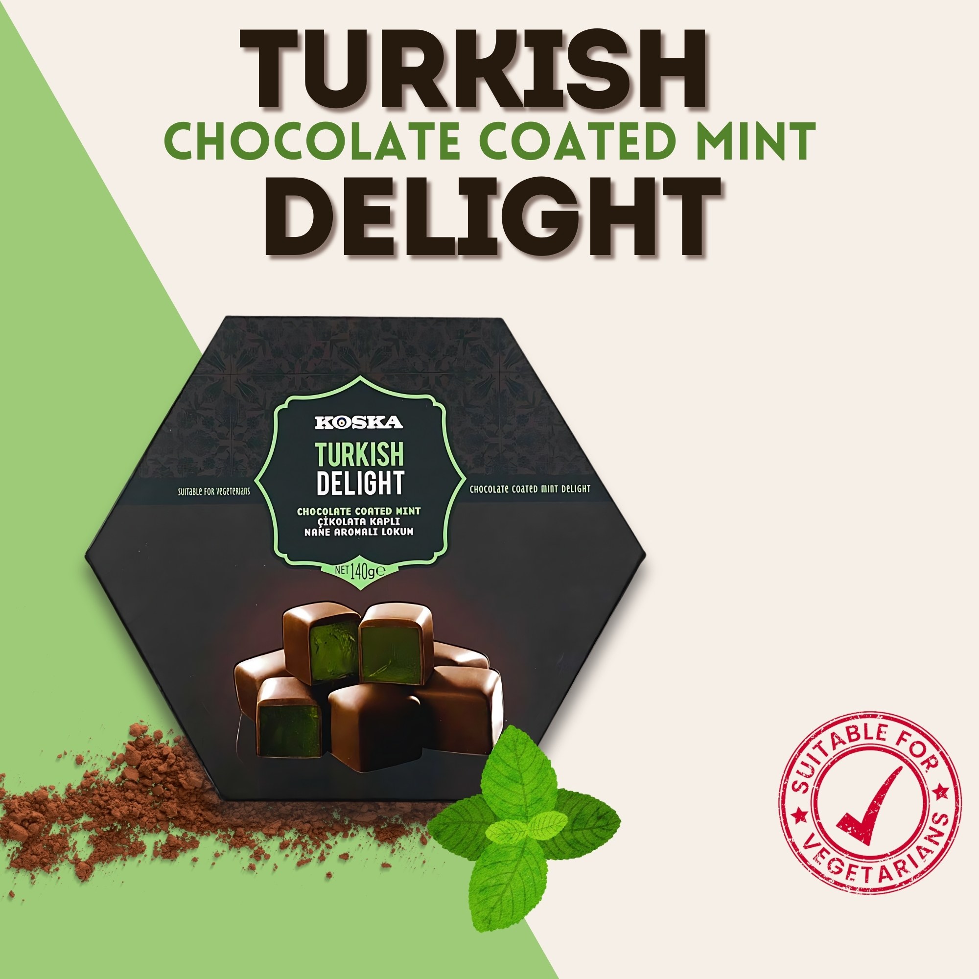 KOSKA TURKISH DELIGHT CHOCOLATE COATED WITH MINT FLAVOURED 140g x 12