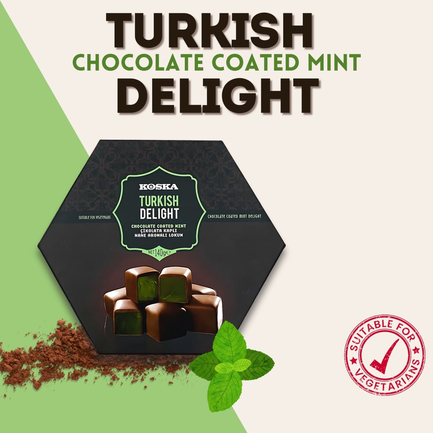 KOSKA TURKISH DELIGHT CHOCOLATE COATED WITH MINT FLAVOURED 140g x 12
