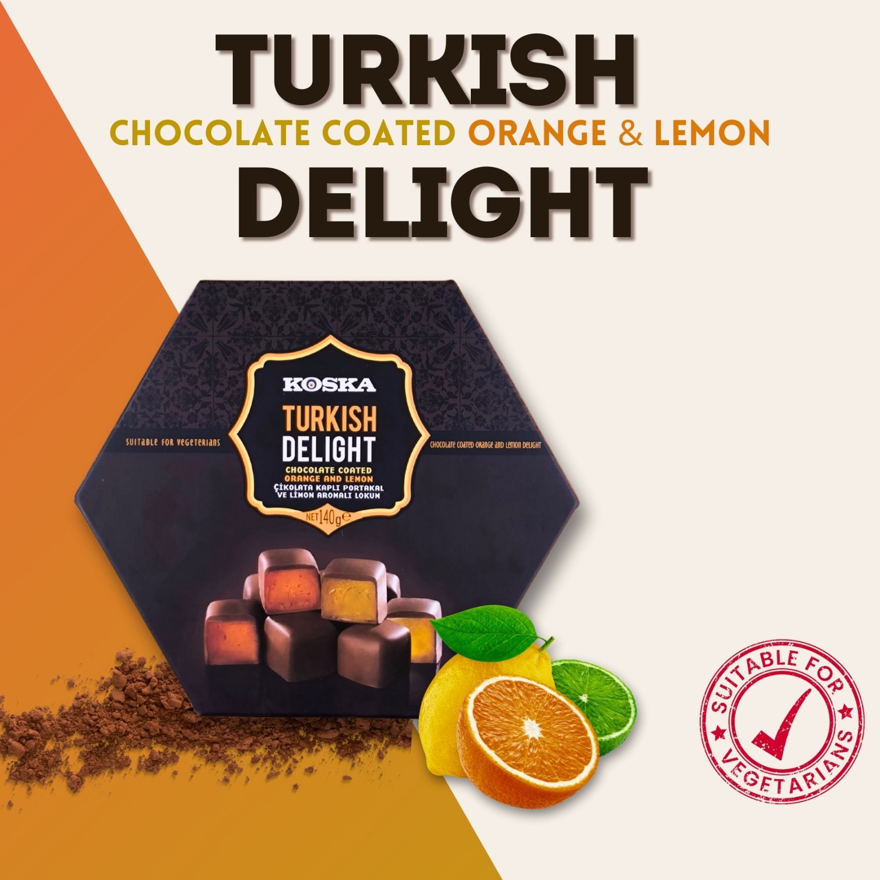 KOSKA TURKISH DELIGHT CHOCOLATE COATED WITH ORANGE & LEMON FLAVOURED 140G x 12