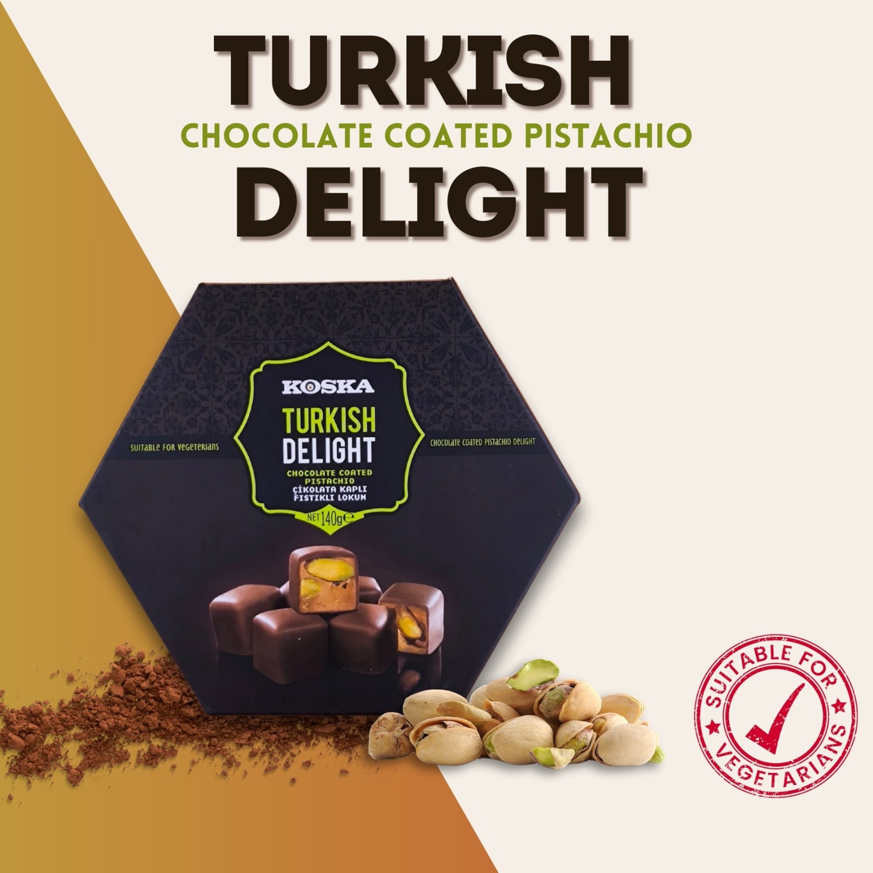 KOSKA TURKISH DELIGHT CHOCOLATE COATED WITH PISTACHIO 140G x 12