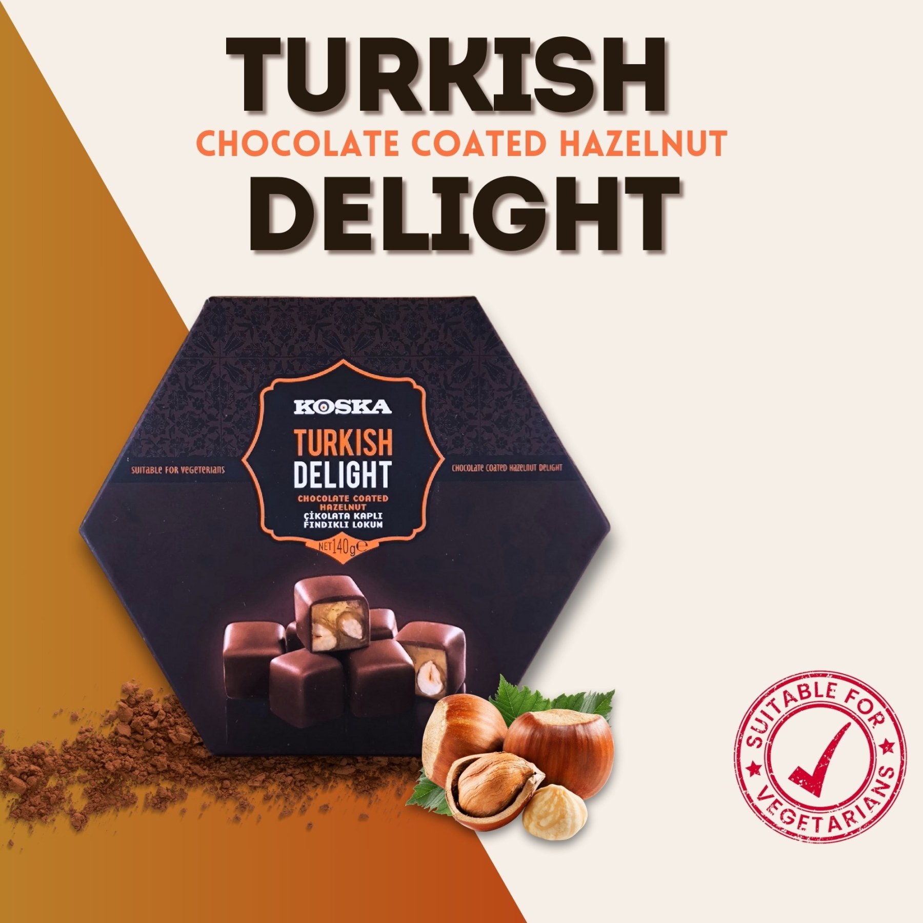 KOSKA TURKISH DELIGHT CHOCOLATE COATED WITH HAZELNUT 140G x 12