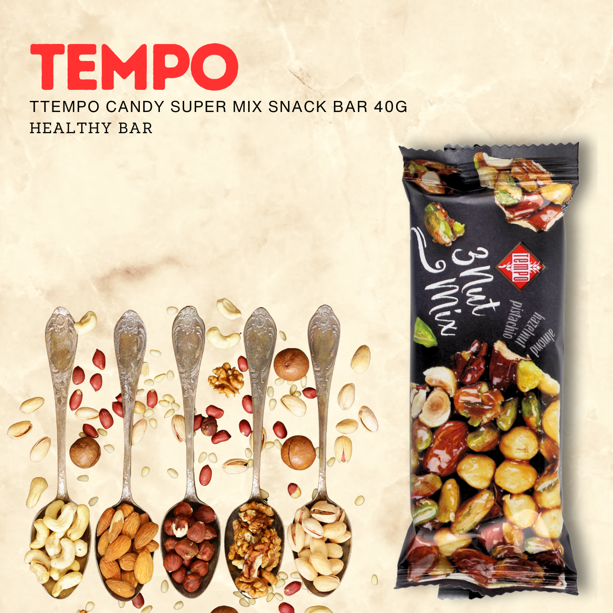 TEMPO CANDY SUPER MIX [ Almond-Hazelnut-Pistachio ] 40g Healthy Bar Snacks - Gluten free import from Turkey